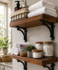 Heavy Duty Black Cast Iron Shelf Brackets Set Of Four, 5.5 X 1.2 X 5.5 Inches, supporting wooden shelves in a kitchen