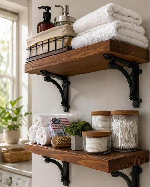Heavy Duty Black Cast Iron Shelf Brackets Set Of Four, 5.5 X 1.2 X 5.5 Inches, supporting wooden shelves in a kitchen