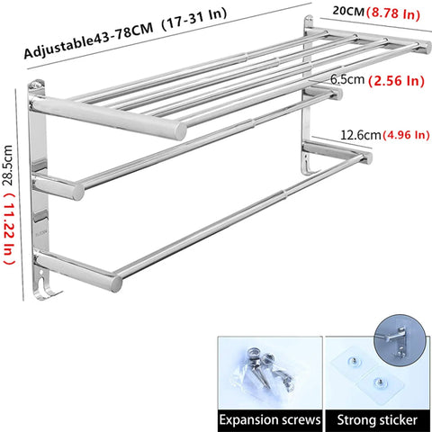 Retractable Towel Rack With 3 Tier Shelf And 2 Towel Bars Adjustable From 19.7 To 31.5 Inches Stainless Steel 304 Durable 3M Adhesive No Drilling Wall Mount Hole Free Bathroom Kitchen Space Saver Organizer shown with measurements