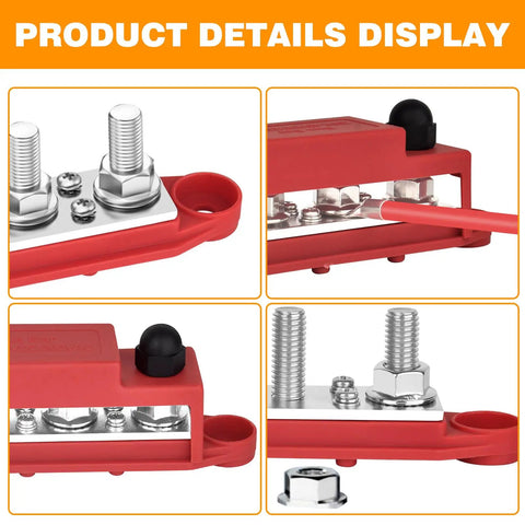 Heavy Duty 250A Power Distribution Block Pair With Thick Copper Busbar Terminal Strips For 12V Marine Boat Truck Car Audio Systems close-up view of connection hardware.