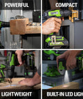 Beefy 24V Brushless Drill Driver And One Quarter Inch Impact Driver Combo Kit in action, highlighting LED light and powerful drilling.