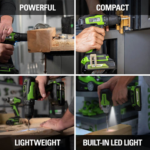 Beefy 24V Brushless Drill Driver And One Quarter Inch Impact Driver Combo Kit in action, highlighting LED light and powerful drilling.