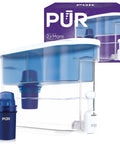 30 Cup Countertop Water Filter Dispenser With 2-In-1 Filtration, Slim Dishwasher Safe Design, Pull-Down Spout, White and Blue