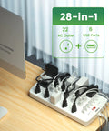 28 In 1 Power Strip With 22 Outlets And 6 USB Ports To Power Gaming Consoles TVs Routers And Chargers on desk setup