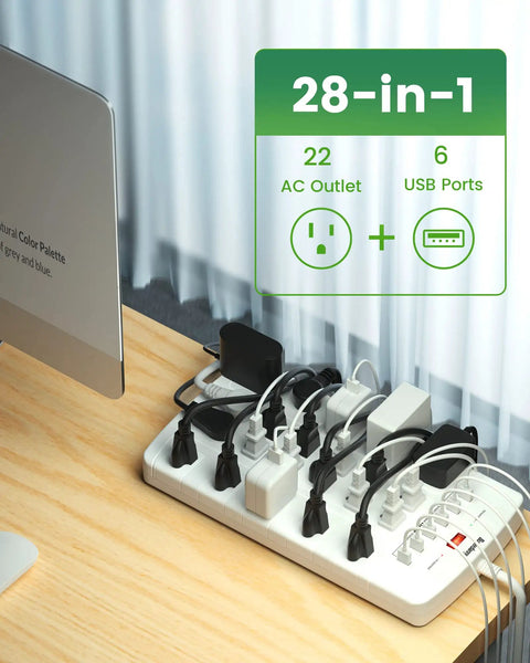 28 In 1 Power Strip With 22 Outlets And 6 USB Ports To Power Gaming Consoles TVs Routers And Chargers on desk setup