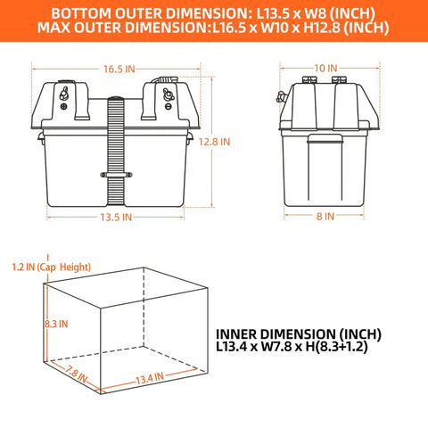 Dimensions of Smart Battery Box 12V Marine Case With 50A Connectors, Multi Port Power Hub for Trolling Motors, RV, Solar Panels
