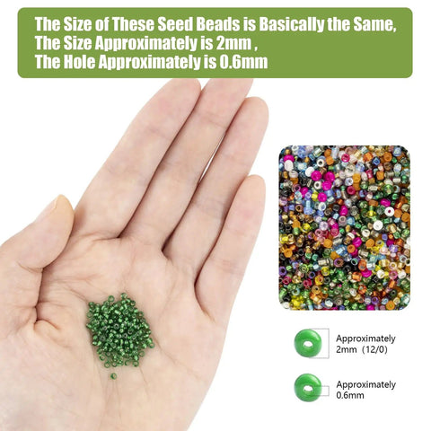 Hand holding green beads with a display of mixed colors, Huge 24000Pcs Glass Seed Beads Kit, 2Mm Beads in 28 Colors for Jewelry Making
