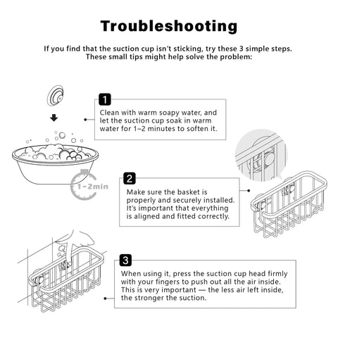 Troubleshooting steps for NeverRust Deluxe Kitchen And Bathroom Sink Sponge Holder Organizer with suction cup installation.