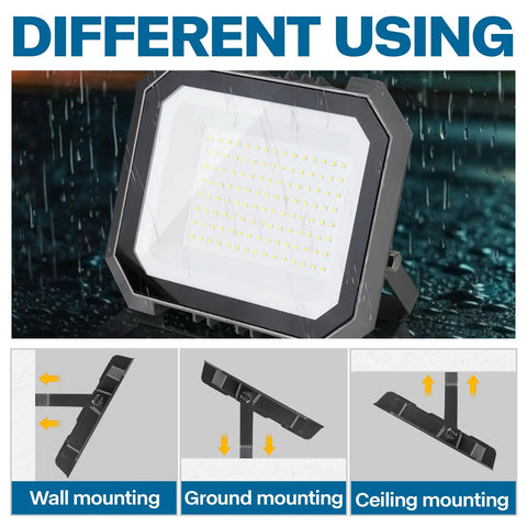 2 Pack 100W LED Flood Lights Outdoor With 10000LM Each, IP65 Waterproof 6000K Exterior Floodlight showing installation options