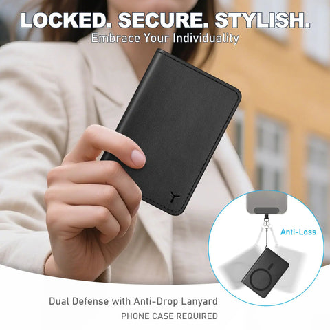 Person holding MagSafe Wallet For Men Women With 6 Card Slots And RFID Blocking Clear ID Window PU Leather Folio Magnetic Phone Wallet For iPhone 12 Through 17 Series Black For Daily Use.