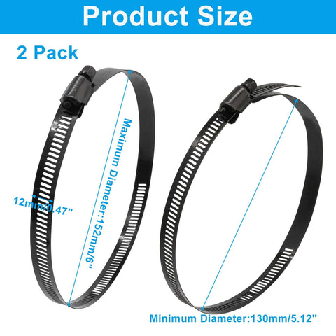 Two Pack 6 Inch Worm Gear Hose Clamps Adjustable 130 To 152 mm Range Black 304 Stainless Steel Duct Clamps For Automotive Fuel Line And Mechanical Projects