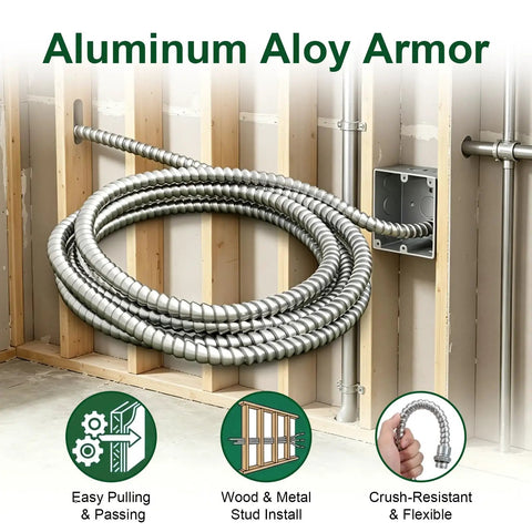 Hella Durable 10 Ft 8/3 MC Cable With Aluminum Armor And Green Insulated Ground, 8 AWG Pure Copper Stranded Conductors, Real THHN THWN 2, 600V 90C Indoor Outdoor Rated UL Listed Electrical Wire in installation, showing aluminum alloy armor.