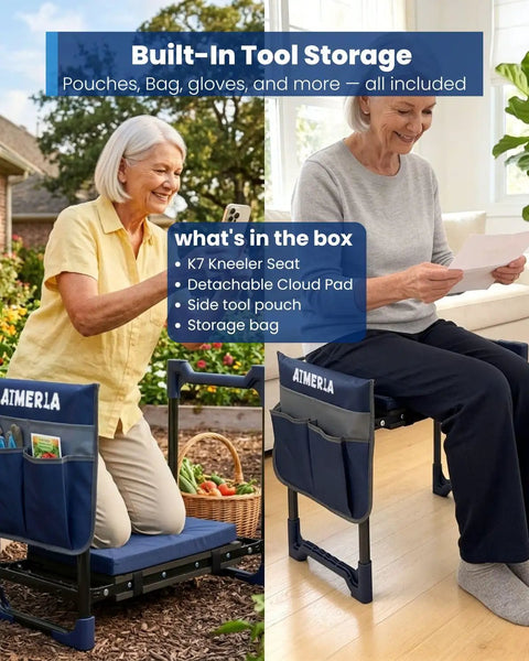 Senior using Foldable Garden Kneeler Seat With Upgraded No Slip Base And Removable Cushion, 350 Lbs Capacity, in garden setting.