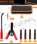 Built Tough 47 Piece Plastic Rivet Gun Kit For Auto Repairs Puts You In Control Smoothly With Manual Riveter, tools shown with sizes.