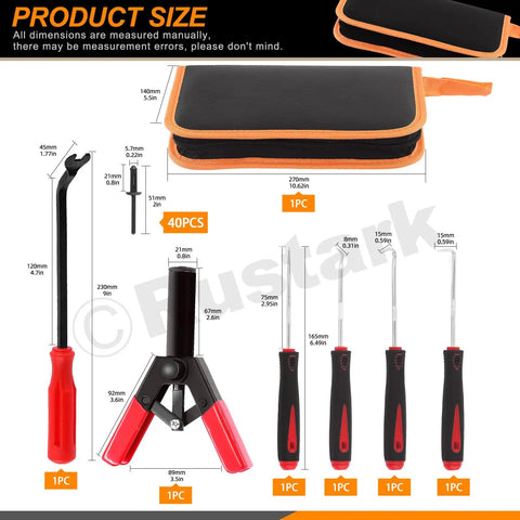 Built Tough 47 Piece Plastic Rivet Gun Kit For Auto Repairs Puts You In Control Smoothly With Manual Riveter, tools shown with sizes.
