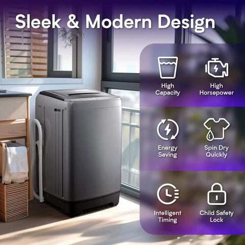 Full Automatic Portable Washer And Spinner Combo Featuring Ten Custom Wash Cycles And Eight Water Levels No Fuss Plug In Design For Tight Apartments And RV Quarters Heavy Duty Load Handling Sweet Space Saver Grey in modern setting.