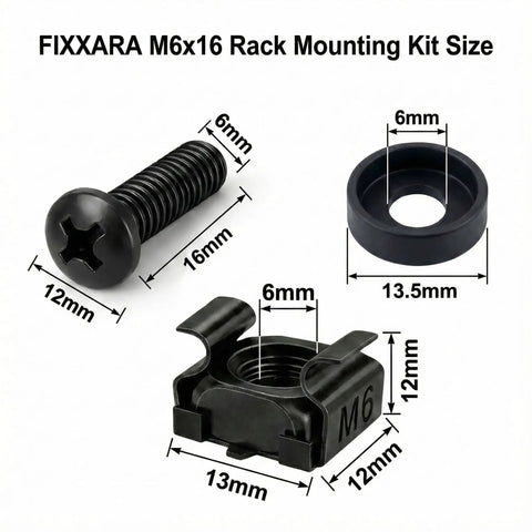 Heavy Duty M6 X 16 Rack Mount Screws Paired With Carbon Steel Cage Nuts And Nylon Washers 50 Pack Server Kit components with dimensions