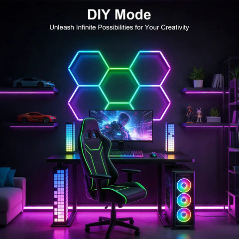 RGB Hexagon Garage Lights 240W 24 Pack LED Honeycomb Ceiling Lights With Music Sync And App Control in game room setup