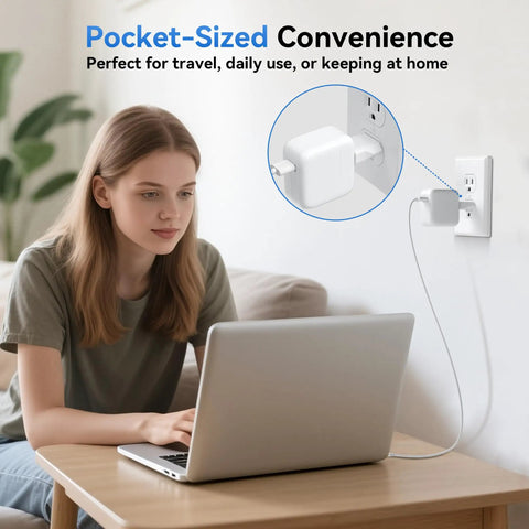 Woman using laptop with 10 Pack European To US Plug Adapters Type A Outlet Converter For Europe To America Canada And Mexico Travelers
