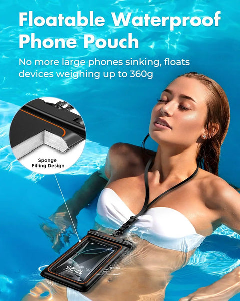 Woman using Floating Waterproof Phone Pouch 2 Pack IPX8 Dry Bag Case in pool
