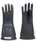 Class 1 Electrical Gloves Built From Natural Rubber For Real Deal Electrical Work OSHA NFPA CSA Certified Exceeding ASTM D120 And EN60903 Standards For Safe Hands On Live Wires, showing front and back with date and ratings.