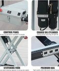 Features of Heavy Duty Hydraulic Forklift And Electric Scissor Lift Table With Four Wheel Elevating Platform, including control panel and reinforcing fork.