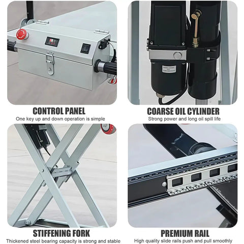 Features of Heavy Duty Hydraulic Forklift And Electric Scissor Lift Table With Four Wheel Elevating Platform, including control panel and reinforcing fork.