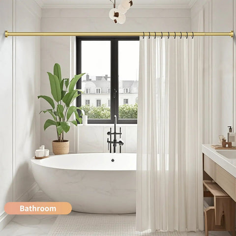 Gold Shower Curtain Rod 34 To 66 Inches Adjustable Telescopic Spring Tension No Drill Rustproof in modern bathroom setup