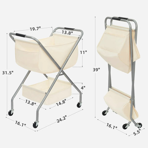 Collapsible Laundry Cart With Wheels 65L 17 Gal Rolling Hamper Clothes Basket On Wheels showing dimensions and steel frame.