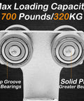 Close-up of 4 Wheel Trolley Assembly showing deep groove ball bearings and solid pins, 700 lb capacity per trolley, designed for 1-5/8 Inch Unistrut Channel Galvanized Steel Silent Operation High Load Capacity Up To 1000 Pounds Per Trolley Pack Of 2 Ideal For Industrial Applications And Smooth Quiet Performance In Harsh Environments.