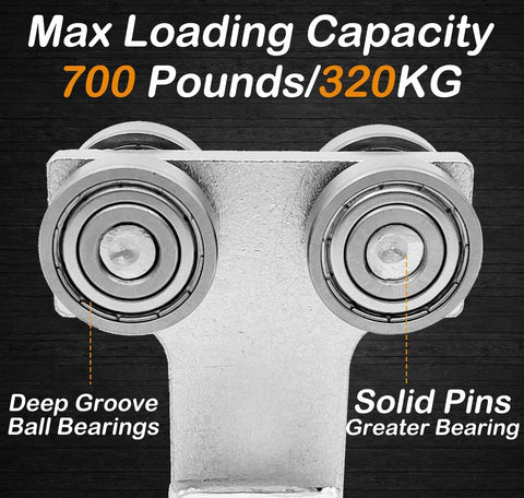 Close-up of 4 Wheel Trolley Assembly showing deep groove ball bearings and solid pins, 700 lb capacity per trolley, designed for 1-5/8 Inch Unistrut Channel Galvanized Steel Silent Operation High Load Capacity Up To 1000 Pounds Per Trolley Pack Of 2 Ideal For Industrial Applications And Smooth Quiet Performance In Harsh Environments.