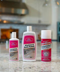 Real Deal Carnauba Wax Kitchen And Bath Polish Removes Scratches Stains Water Spots Protects Fiberglass Marble Acrylic Ceramic Chrome Stainless Steel 16 Oz Jar Leaves Every Surface Looking Crisp And Fresh, three bottles on kitchen counter.