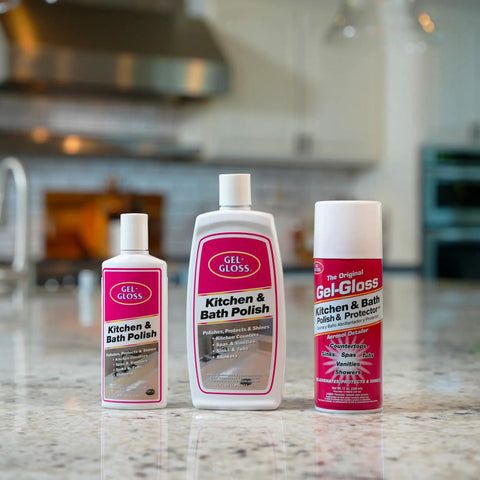 Real Deal Carnauba Wax Kitchen And Bath Polish Removes Scratches Stains Water Spots Protects Fiberglass Marble Acrylic Ceramic Chrome Stainless Steel 16 Oz Jar Leaves Every Surface Looking Crisp And Fresh, three bottles on kitchen counter.