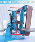 Built Tough Dual Position Bench Belt Sander And Electric Polisher With Smooth Variable Speed Control Up To 5000 RPM And Five Heavy Duty Belts For Quick Sharpening Tasks showing extended flat grinding plate with 200mm adjustment.