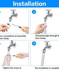 Installation steps for Adjustable Stainless Steel Hose Clamps Kit, showing use with screwdriver and pipe.