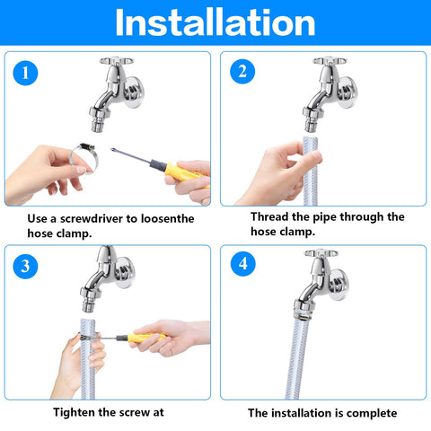 Installation steps for Adjustable Stainless Steel Hose Clamps Kit, showing use with screwdriver and pipe.