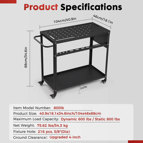 36 By 18 Inch Welding Table With 0.63 Inch Fixture Holes, non slip foot pads, built to last carbon steel frame, rolling cart design