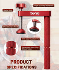 Close-up of red Beefed Up Heavy Duty Bench Dog Clamp Set Of Two with annotations on features and materials.