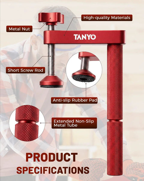 Close-up of red Beefed Up Heavy Duty Bench Dog Clamp Set Of Two with annotations on features and materials.