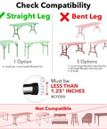 Compatibility chart for Folding Table Leg Extenders For Straight Leg Tables 1.25 Inch Fit, showing compatible and non-compatible table types.
