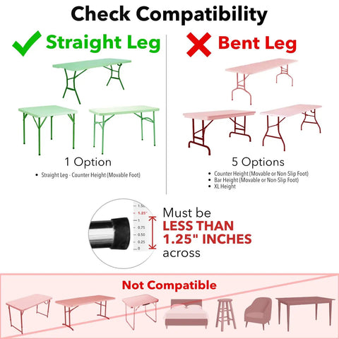Compatibility chart for Folding Table Leg Extenders For Straight Leg Tables 1.25 Inch Fit, showing compatible and non-compatible table types.