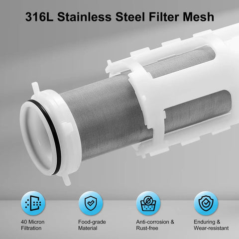 Super Sleek 40 Micron Kickass Spin Down Water Filter And Self Cleaning Backwash Valve showing 316L stainless steel filter mesh.