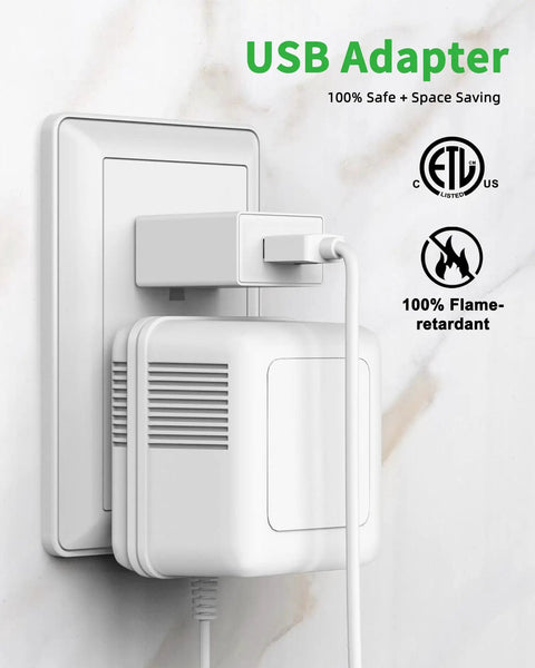 USB adapter plugged into wall outlet, ETL certified, flame-retardant. Compatible with Two Pack 12 Inch Under Cabinet Lighting Kit.