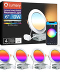 Lumary Gimbal Smart Recessed Lighting 6 Inch w/Remote, RGBWW WiFi Can Light in a 4 pack with colorful glow and remote.