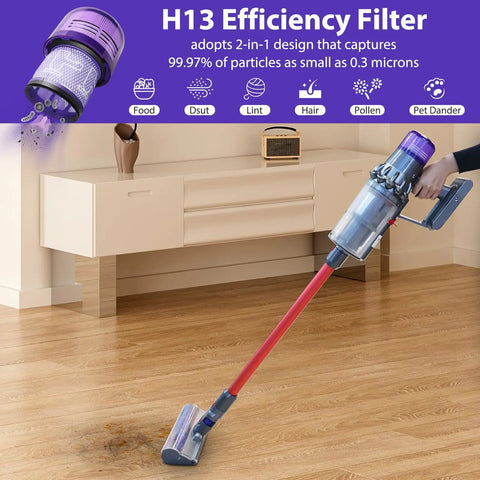 H13 efficiency vacuum showing 4 Pack V11 Vacuum Filter Replacements For Dyson V11 Animal Torque Drive in action on hardwood floor.