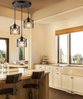 Industrial 3 Light Pendant Light With Adjustable Length Hanging Fixture Black Metal Cage Farmhouse Pendant over kitchen island