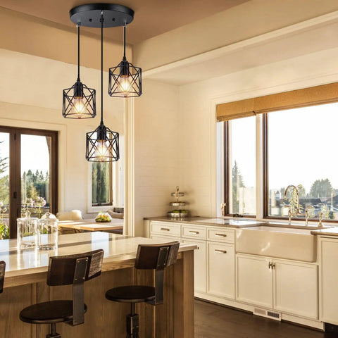 Industrial 3 Light Pendant Light With Adjustable Length Hanging Fixture Black Metal Cage Farmhouse Pendant over kitchen island