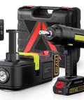 E-HELP 5 Ton Cordless Electric Car Jack Kit With Impact Wrench And Dual Lithium Batteries shown in portable case with remote control.
