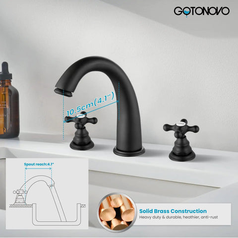 8 Inch Widespread Matte Black Bathroom Faucet With 3 Hole Deck Mount, Dual Cross Handles, shown with measurements and brass detail.