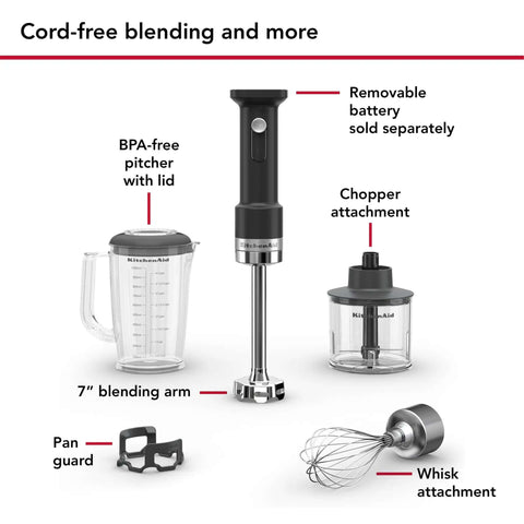 Wireless Stick Blender Set With Whisk No Cords Attached 7 Inch Blending Arm Stainless Steel Blade for smoothies and soups, includes BPA-free pitcher.